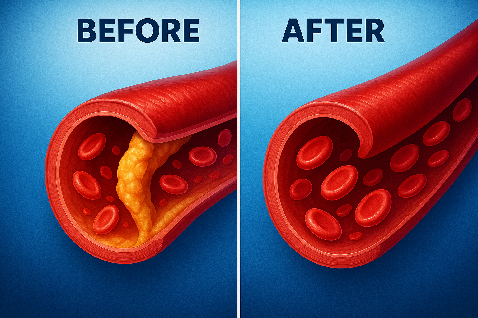 Illustration comparing clogged blood vessels vs healthy blood flow in BOOSTARO review